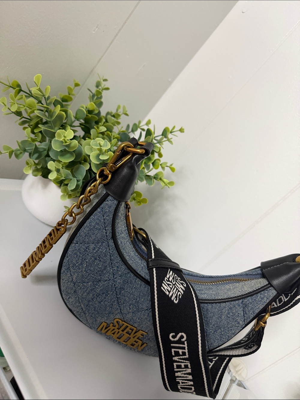Steve Madden Denim Crescent Shoulder Bag with Gold Hardware